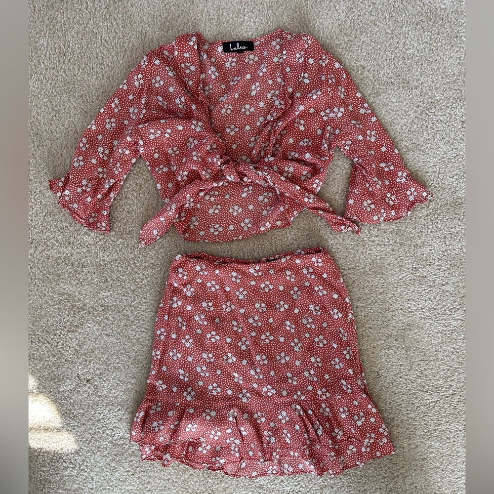 Lulu’s Carnation Crush Terra Cotta Floral Print Two Piece Dress (XS)